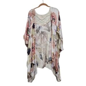 Elizabeth Gillett Anthropologie Kimono Wrap OS Floral Lace Trim Boho Shrug Fairy
